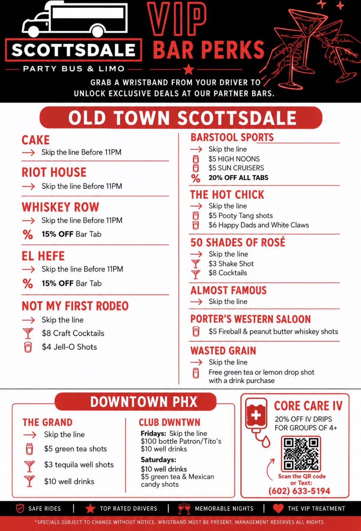 Scottsdale Party Bus VIP bar perks and drink specials flyer